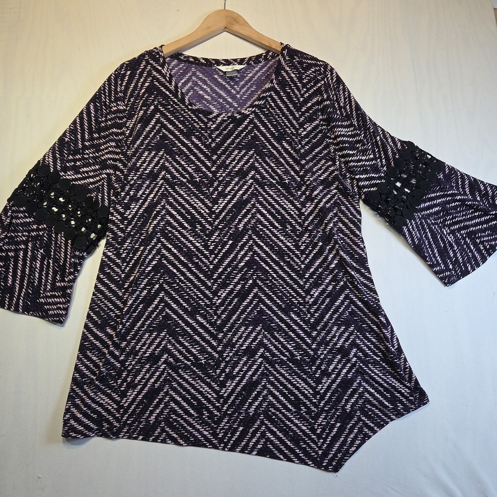 CJBanks 1X Purple Chevron Print Top Lace‎ Trim Bell 3/4 Sleeve Plus Size